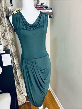 BCBG MAXAZRIA Draped Cowl Neck Sleeveless Dress in Deep Teal